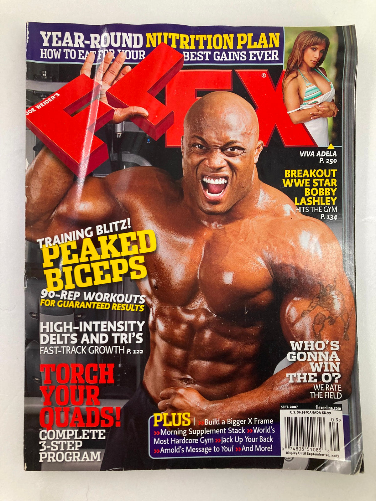 Flex Magazine September 2007 featuring WWE Superstar Bobby Lashley on the cover, showcasing his muscular physique and wrestling theme.
