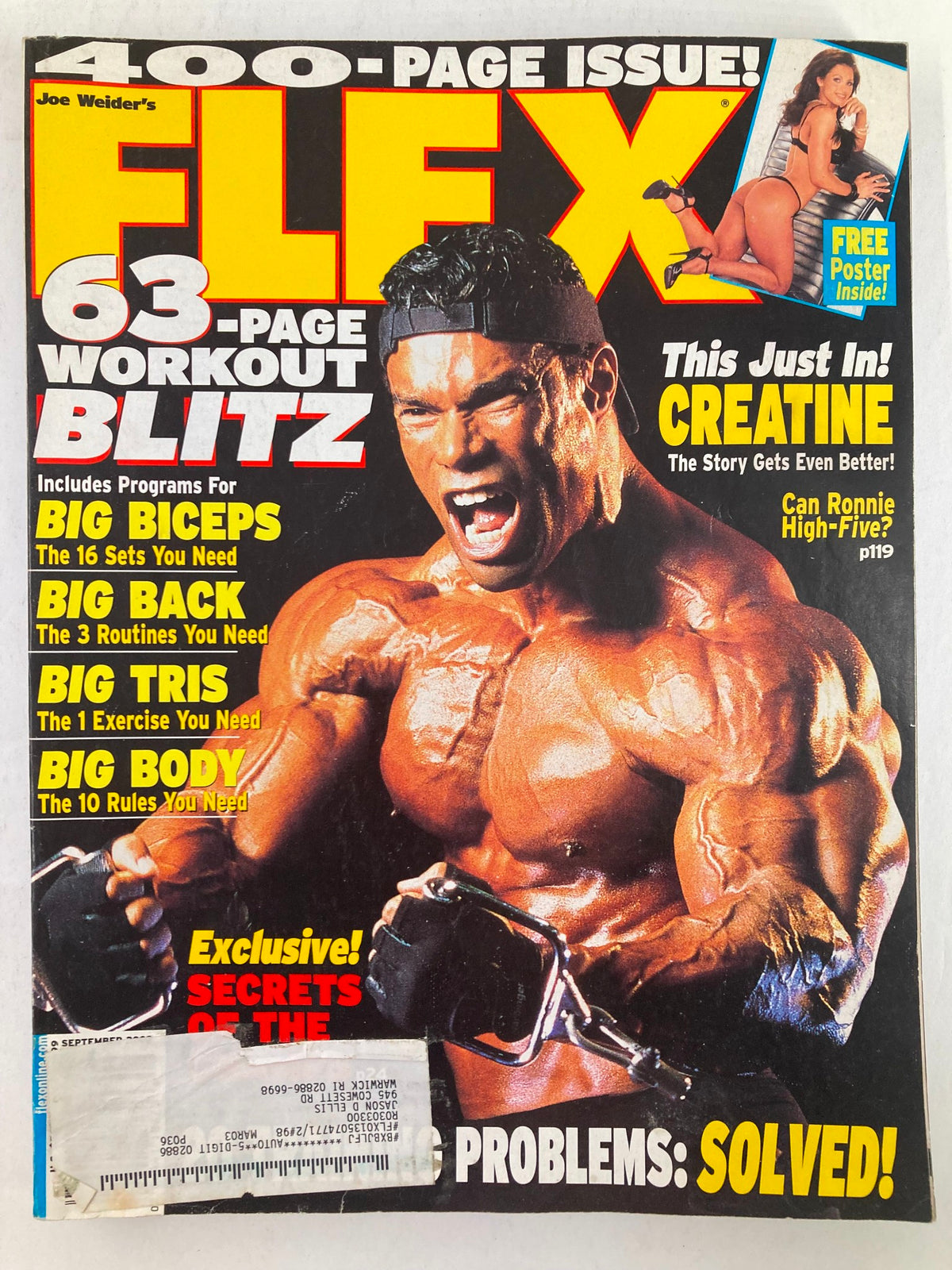 Cover of Flex Magazine September 2002 featuring bodybuilder Kevin Levrone in a muscular pose, with highlights of fitness tips and a promotional poster calendar included.