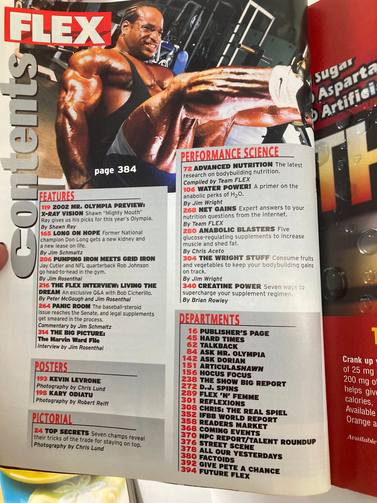 Contents page of Flex Magazine September 2002 featuring an overview of articles and sections, including features on bodybuilding and fitness science.