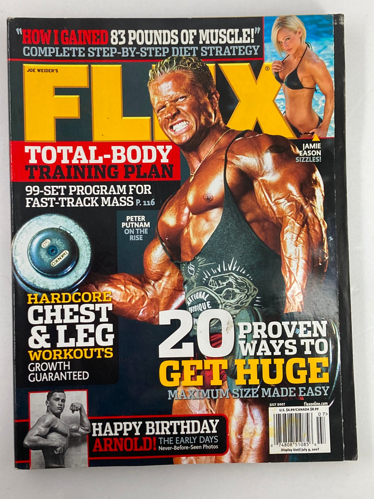 Flex Magazine July 2007 featuring Peter Putnam on the cover with a total-body training plan, showcasing fitness and bodybuilding themes.
