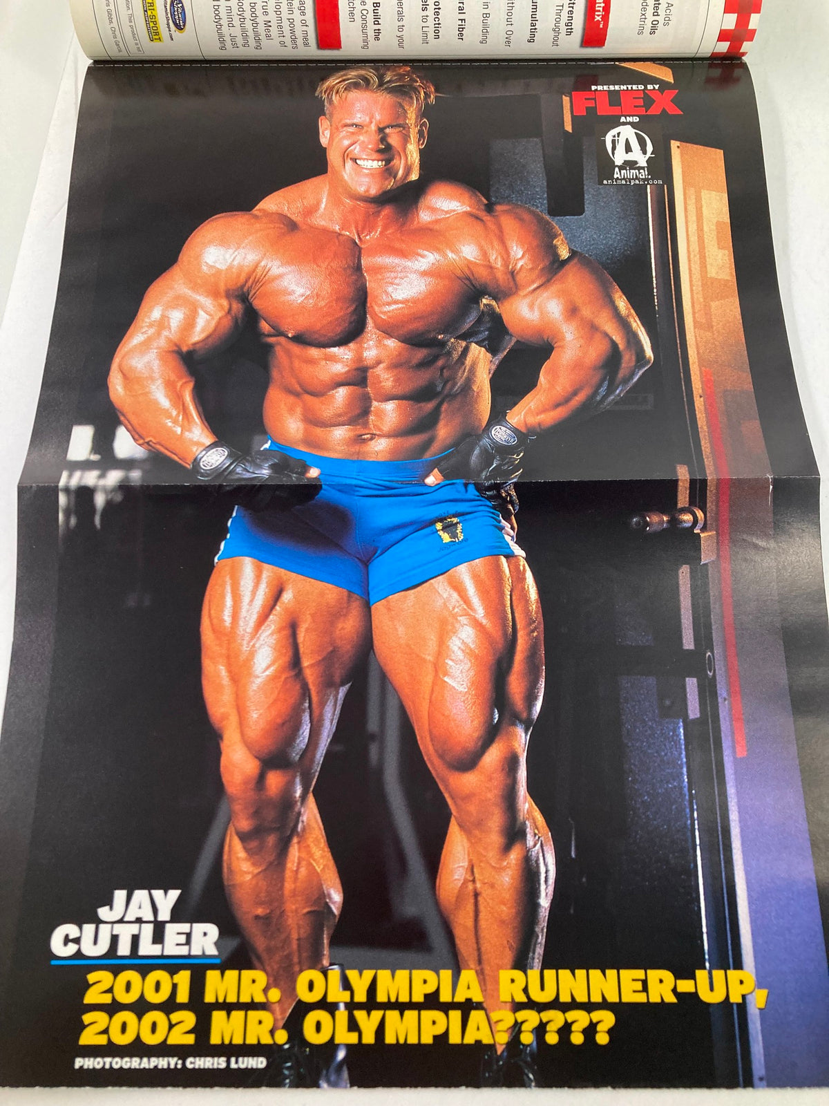 Poster inside Flex Magazine August 2002 featuring Jay Cutler, the 2001 Mr. Olympia Runner-up.