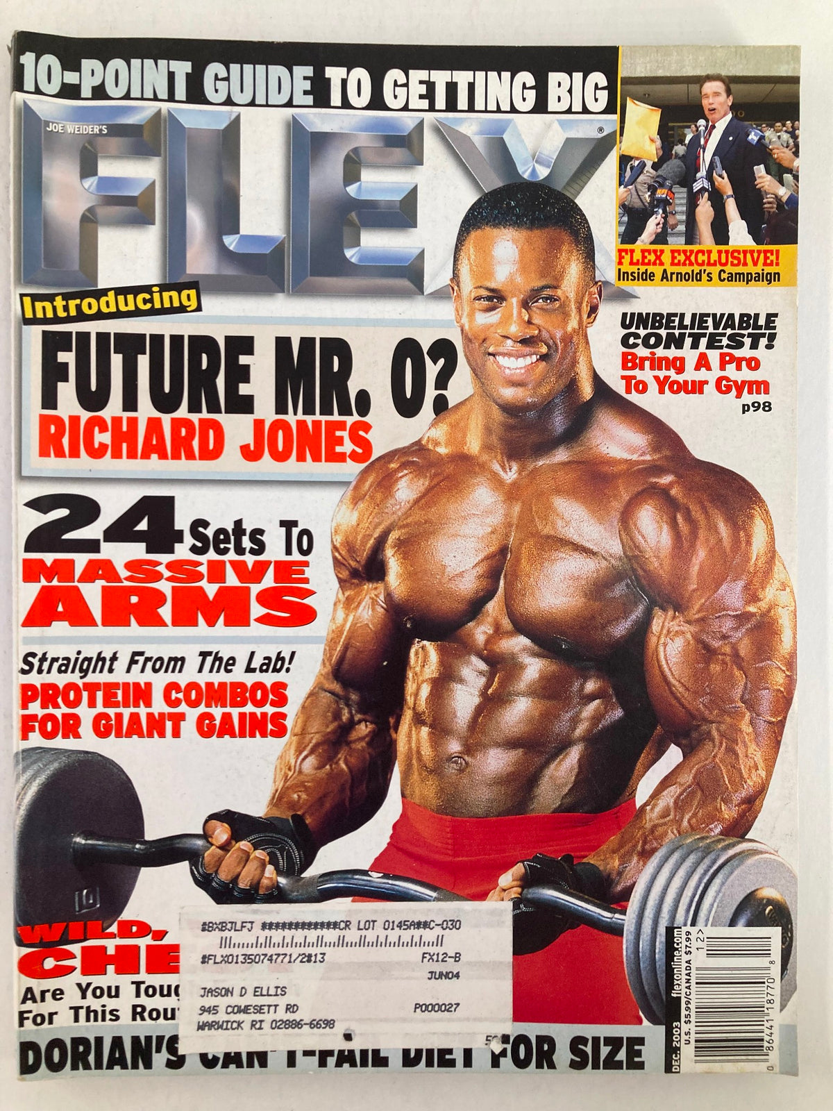 Flex Magazine December 2003 cover featuring Richard Jones, hailed as 'The Future Mr. Olympia?', showcasing a muscular physique and posing with a dumbbell.