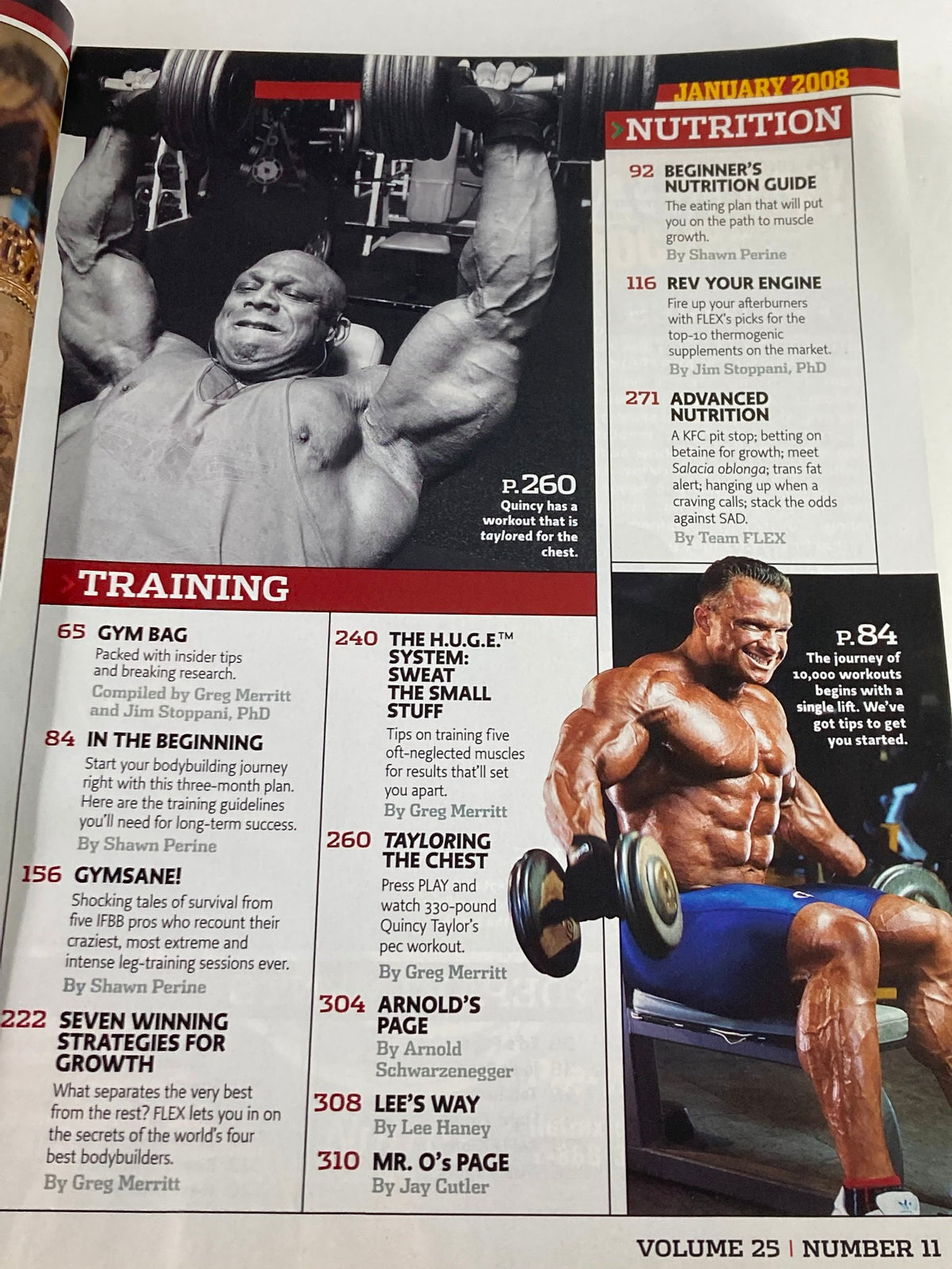 Inside page of Flex Magazine January 2008 Volume 25 Number 11, highlighting fitness training and nutrition articles, including features on bodybuilding techniques.