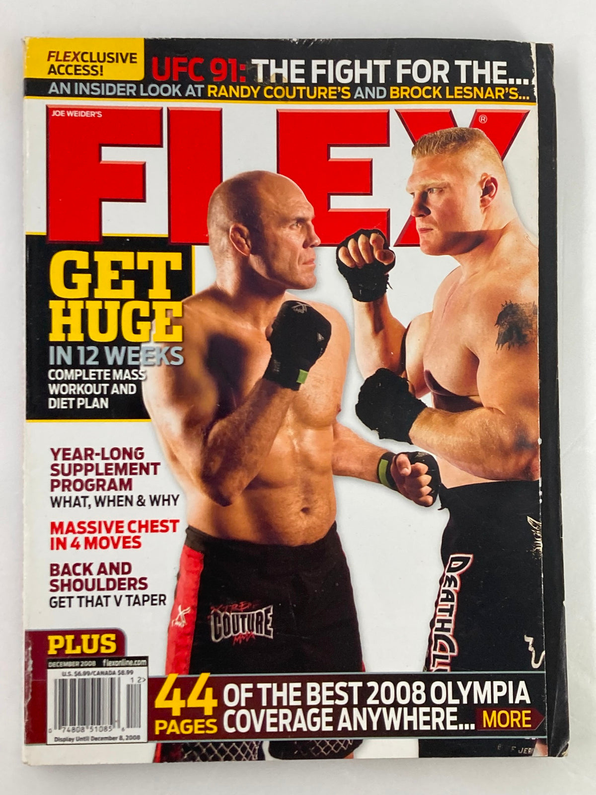 Cover of Flex Magazine December 2008 featuring Randy Couture and Brock Lesnar, showcasing their iconic faces in a dramatic pose, highlighting an important period in mixed martial arts history.