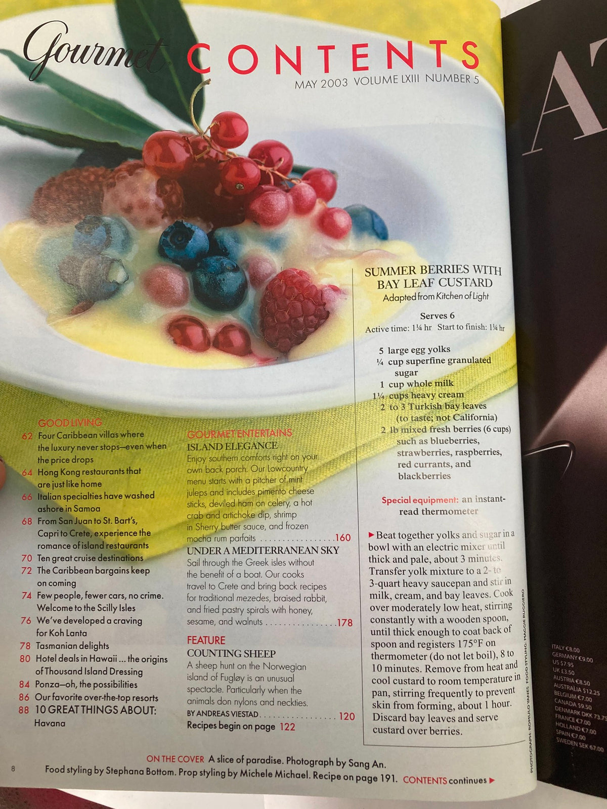Contents page of Gourmet Magazine May 2003 showcasing a variety of recipes and articles, emphasizing the theme 'A Taste of the Islands' with tropical ingredients and culinary inspiration.