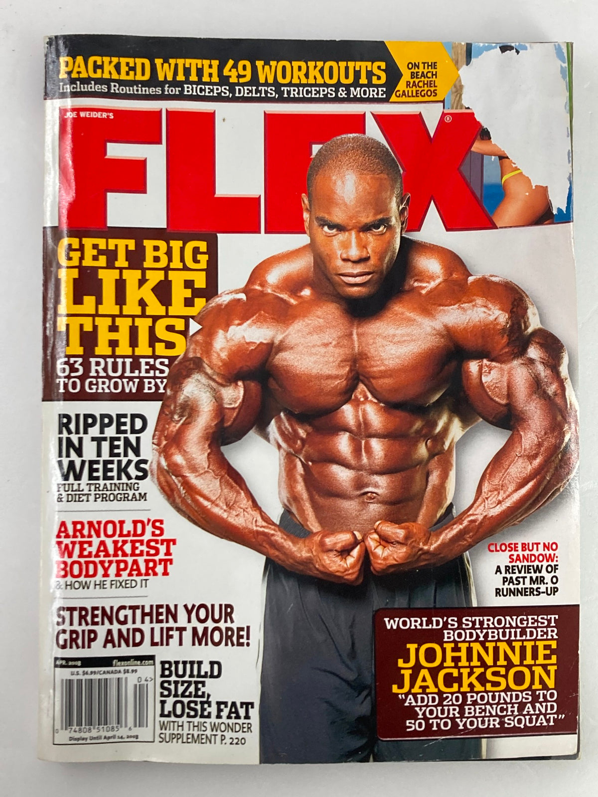 Flex Magazine April 2008 Vol 26 #2 featuring bodybuilder Johnnie Jackson on the cover, showcasing fitness inspiration and bodybuilding culture.