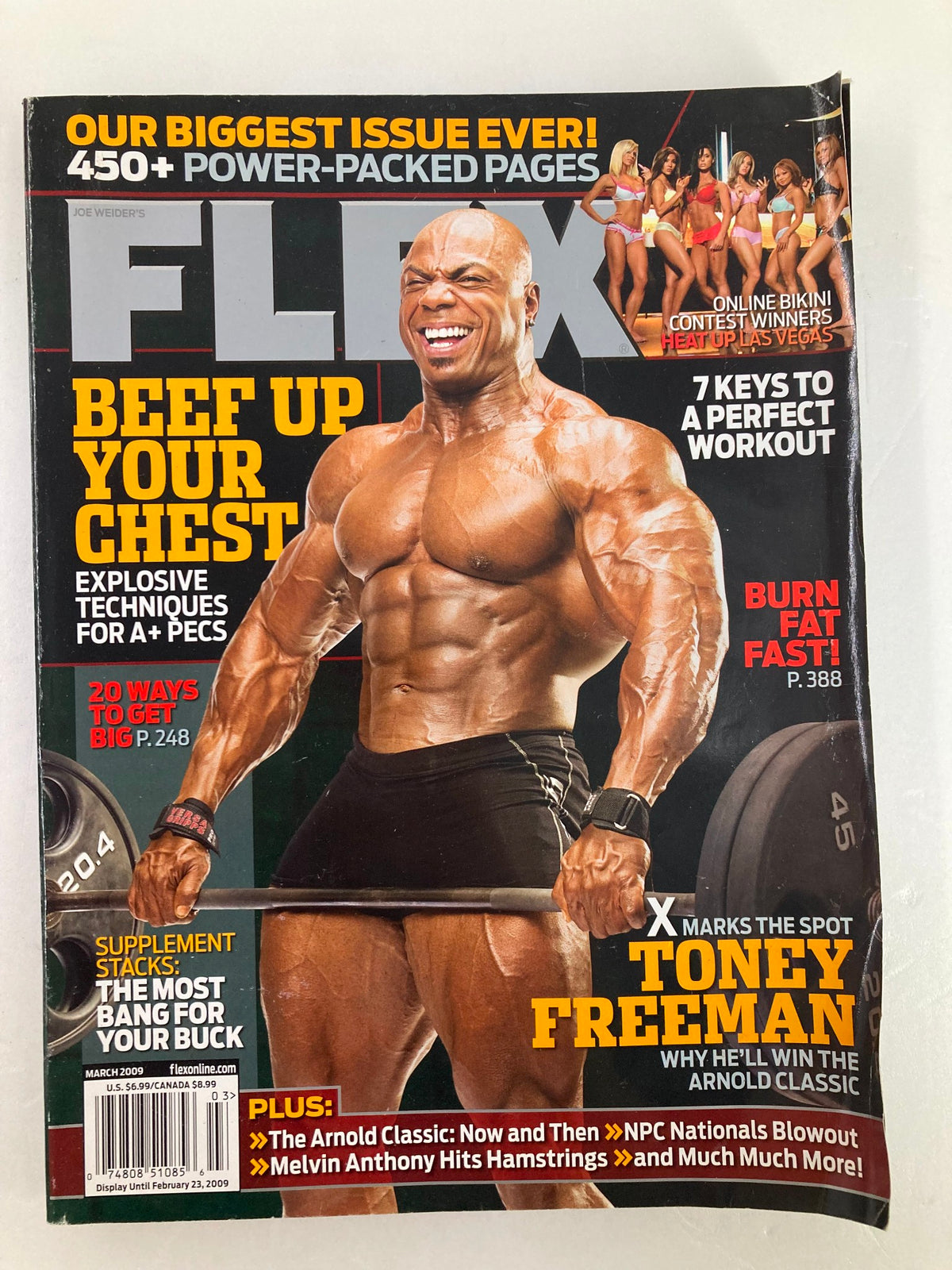 Flex Magazine March 2009 cover featuring Toney Freeman showcasing his impressive physique and marking 'X Marks The Spot' for fitness enthusiasts.