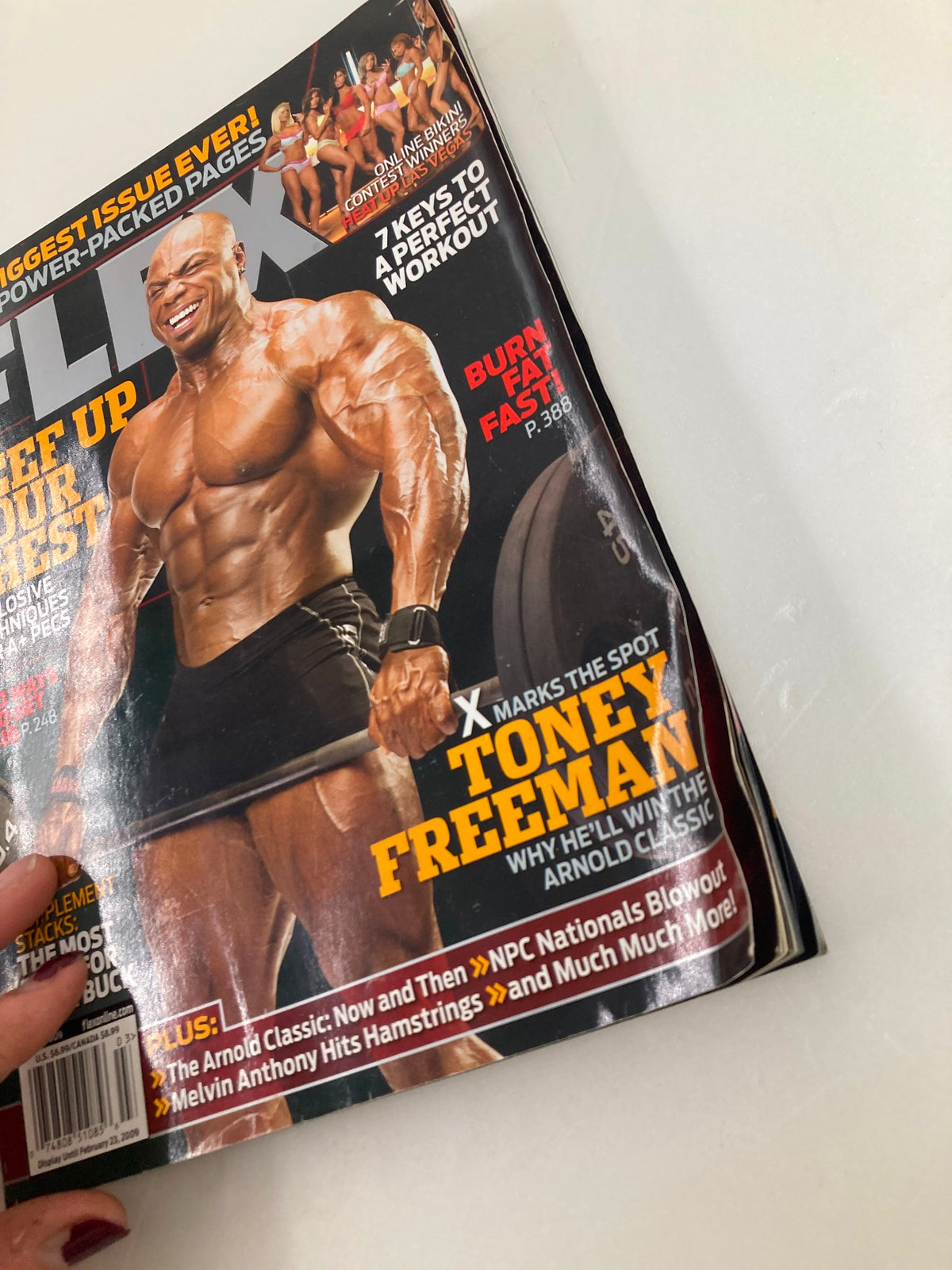 Close-up of the Flex Magazine March 2009 cover highlighting Toney Freeman and the phrase 'X Marks The Spot' related to his bodybuilding journey.