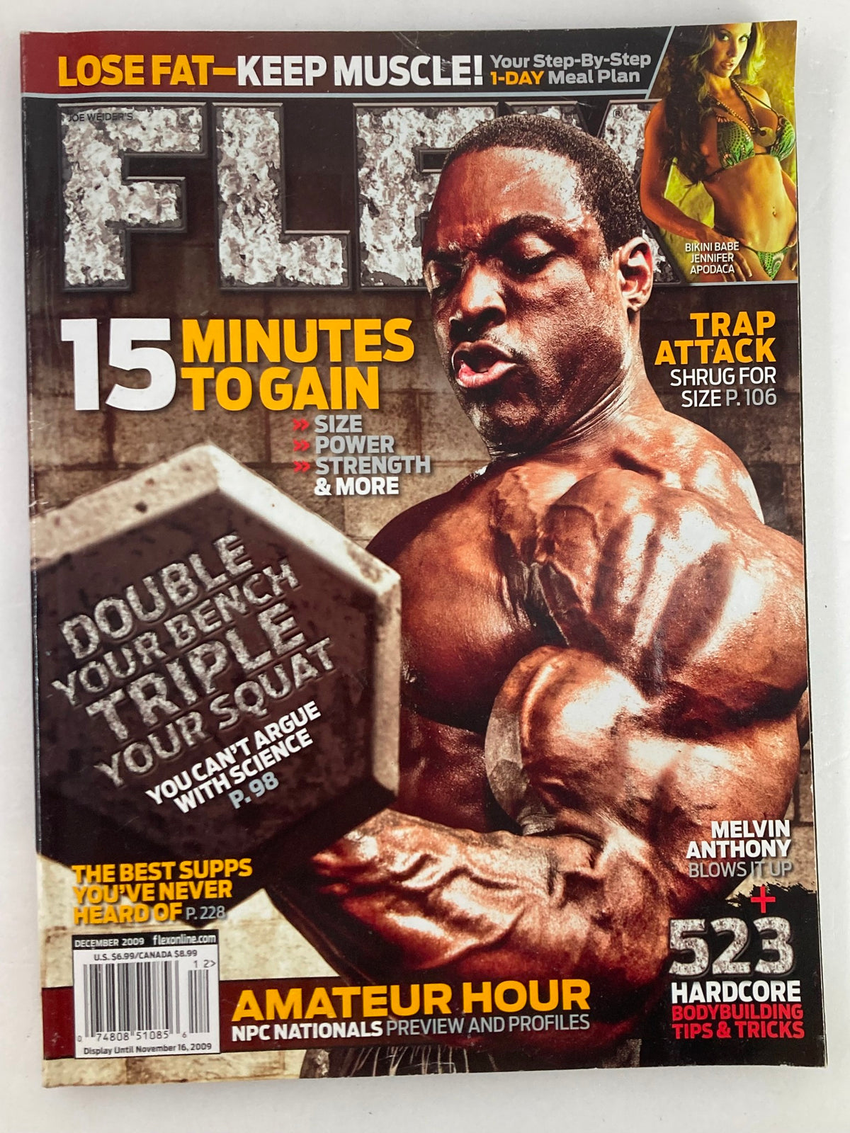 Cover of Flex Magazine December 2009 featuring Melvin Anthony Jr. showcasing bodybuilding and fitness tips with a focus on muscle gain.