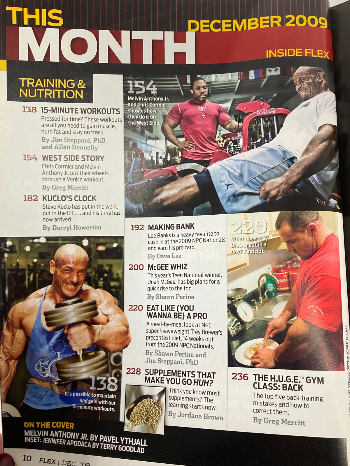 Inside page of Flex Magazine December 2009 highlighting articles on training, nutrition, and fitness, featuring Melvin Anthony Jr. and Jennifer Apodaca.