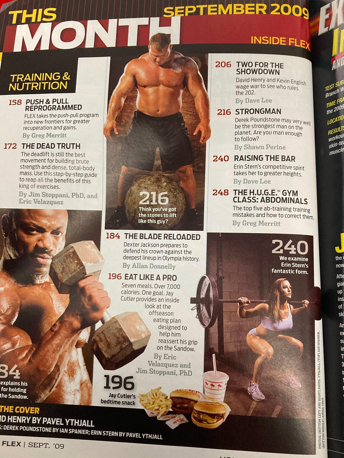 Inside page of Flex Magazine September 2009 detailing training and nutrition, including features on David Henry and Erin Stern, highlighting fitness articles and workout tips.