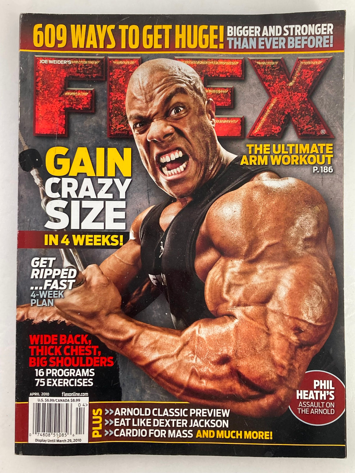 Cover of Flex Magazine April 2010 featuring Phil Heath's Assault on The Arnold, showcasing a powerful bodybuilding pose.
