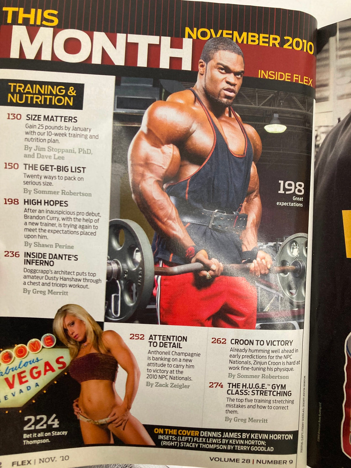 Inside page of Flex Magazine November 2010, Vol 28 #9, highlighting Dennis James in a workout pose with articles on training and nutrition.