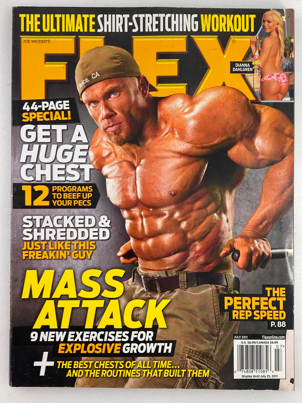 Flex Magazine July 2011 cover featuring a muscular athlete demonstrating strength training with bold headlines about fitness and building mass, highlights include a special feature on building a huge chest and tips for explosive growth.