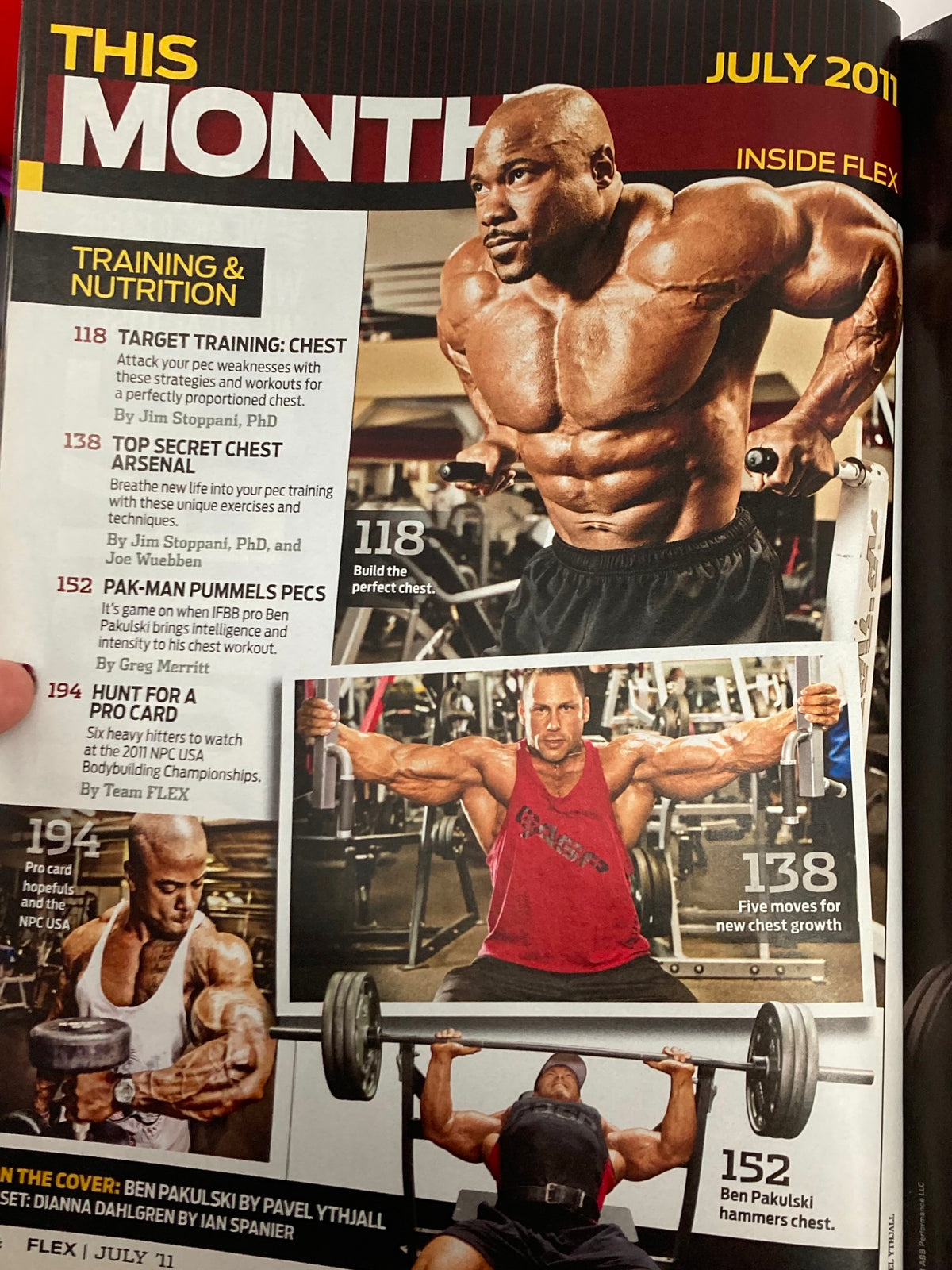 Inside pages of Flex Magazine July 2011 showcasing training and nutrition articles with images of bodybuilders performing various exercises, including a focus on chest training and routines, featuring Ben Pakulski and insights into effective workout strategies.