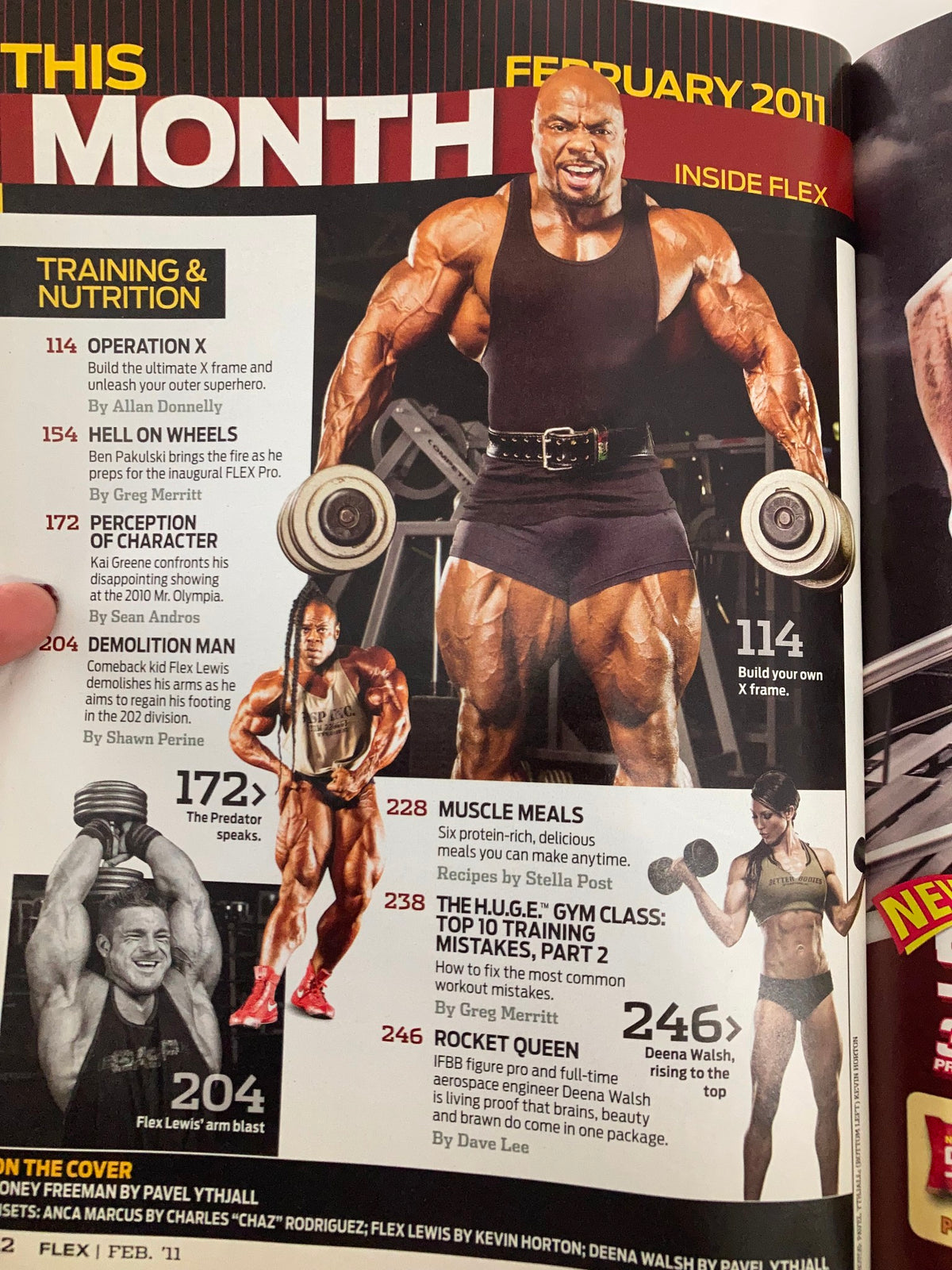 Inside page of Flex Magazine February 2011 featuring Toney Freeman lifting weights, demonstrating training and nutrition topics relevant in bodybuilding.