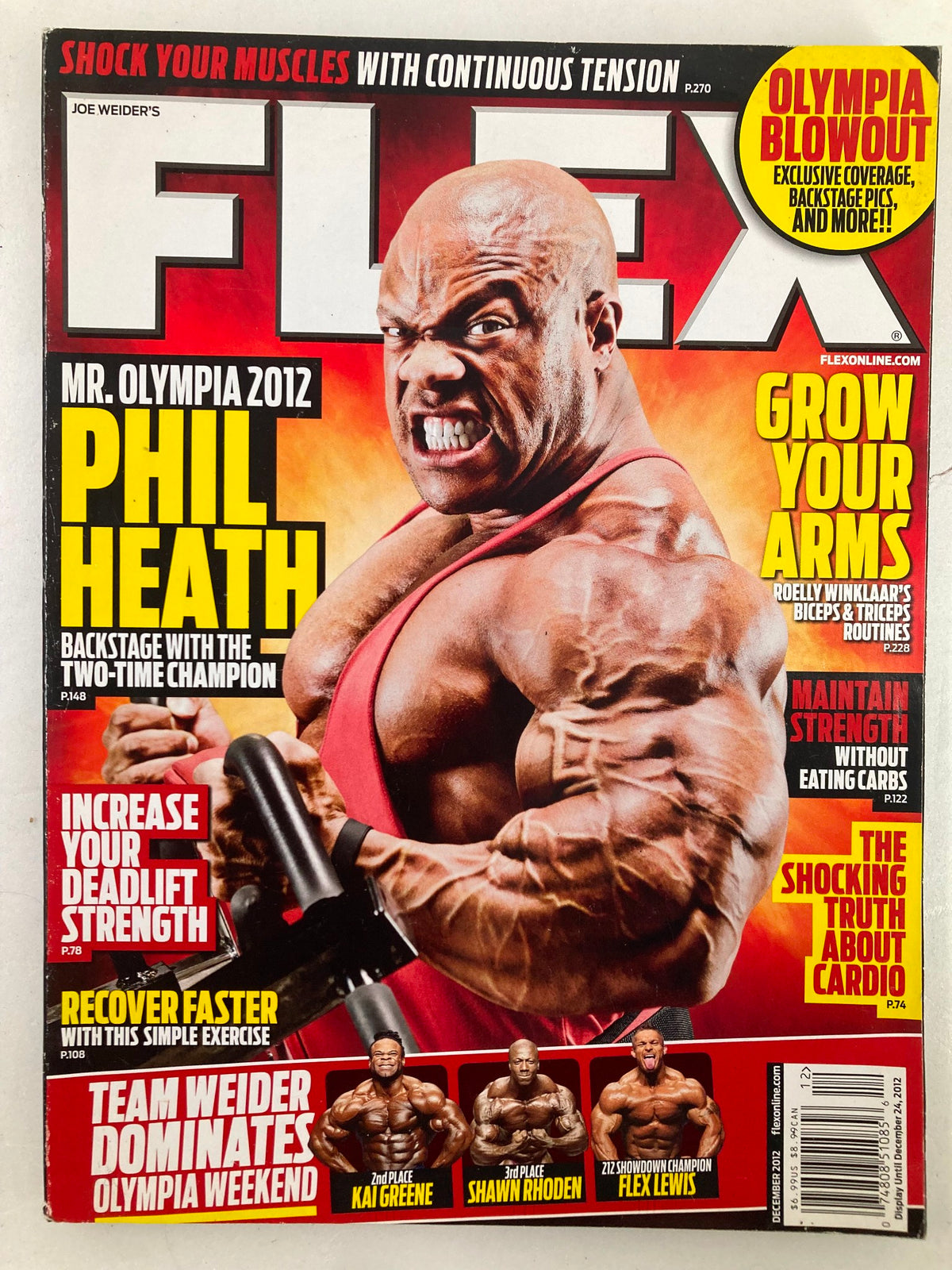 Cover of Flex Magazine December 2012 featuring Phil Heath showcasing intense physique with bold text highlighting topics like Mr. Olympia 2012, arm growth, and bodybuilding tips.