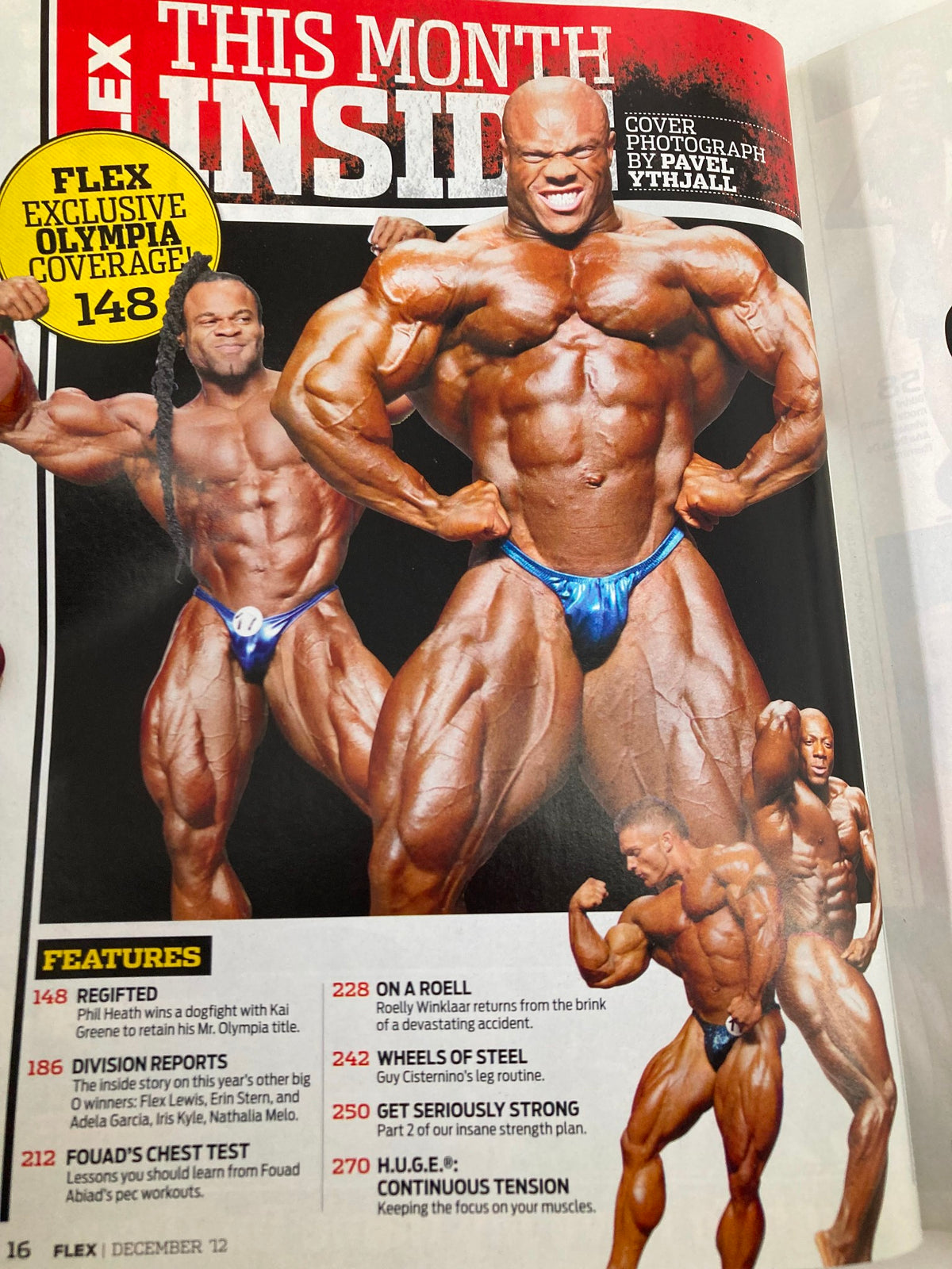 Inside spread of Flex Magazine December 2012 featuring impressive bodybuilder Kai Greene and Shawn Rhoden, presenting various sections dedicated to bodybuilding techniques and Olympia coverage.