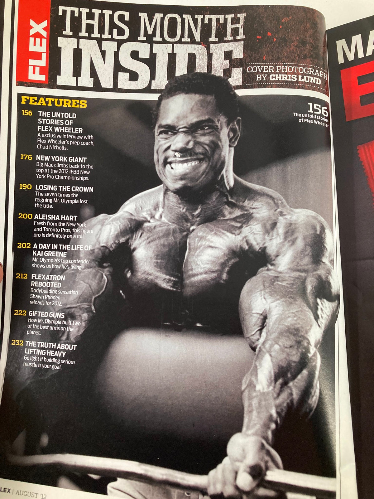 Inside page of Flex Magazine August 2012 featuring Flex Wheeler, discussing the secrets and stories of bodybuilding.