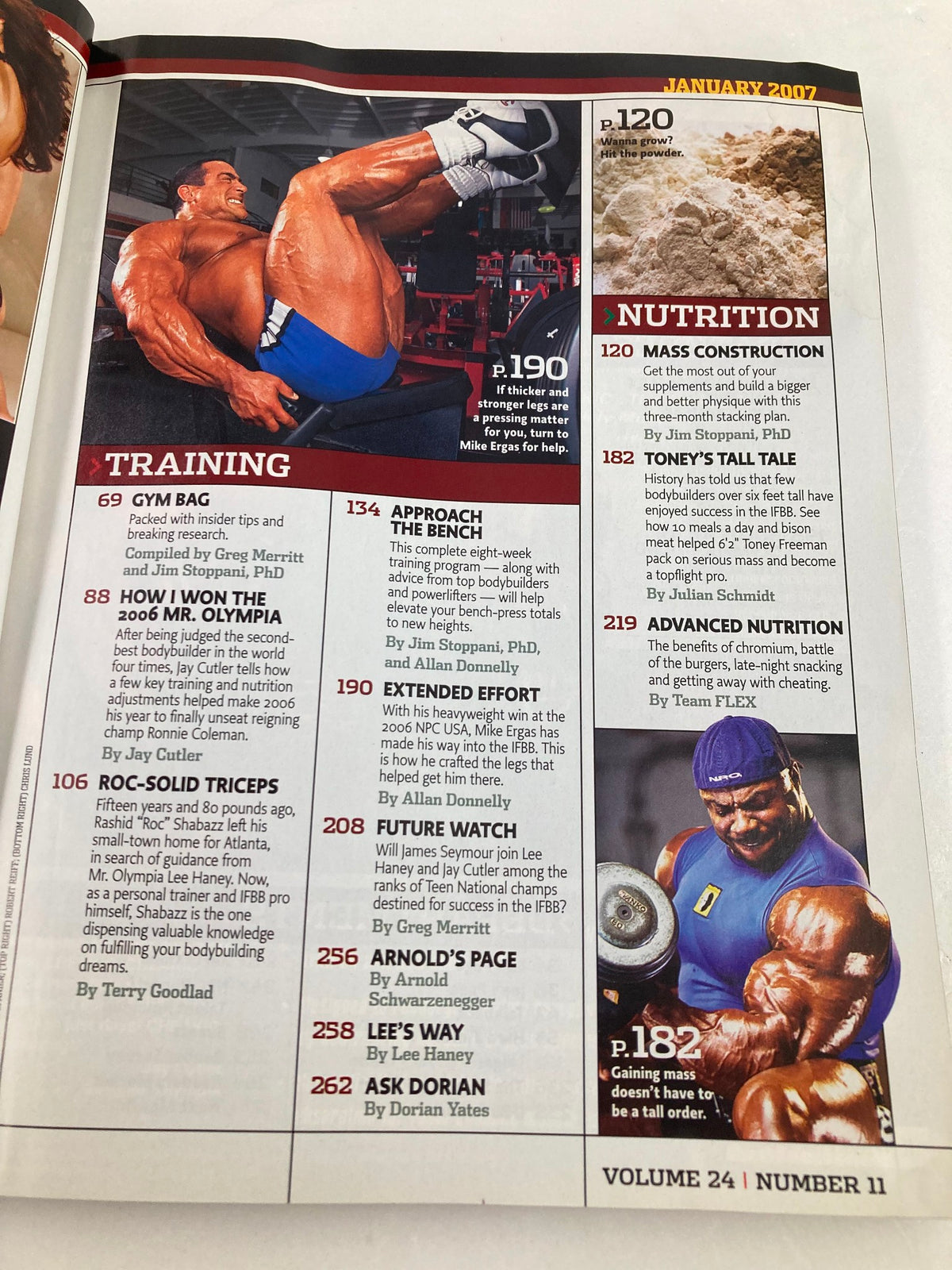 Interior page of Flex Magazine January 2007 Vol 24 #11 showcasing a training regimen, featuring prominent bodybuilder Jay Cutler, with sections on nutrition and muscle growth.