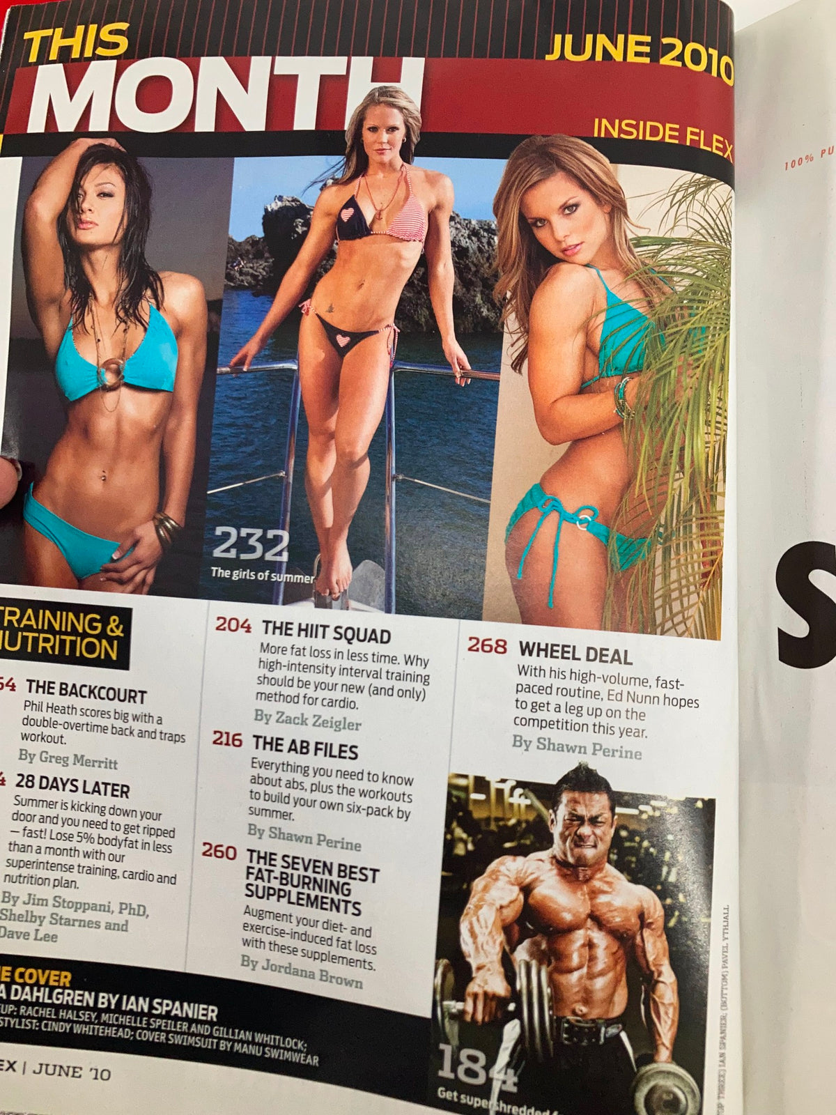 Inside the June 2010 issue of Flex Magazine, highlighting articles related to fitness and nutrition, including models in bikinis, showcasing the vibrant fitness lifestyle.