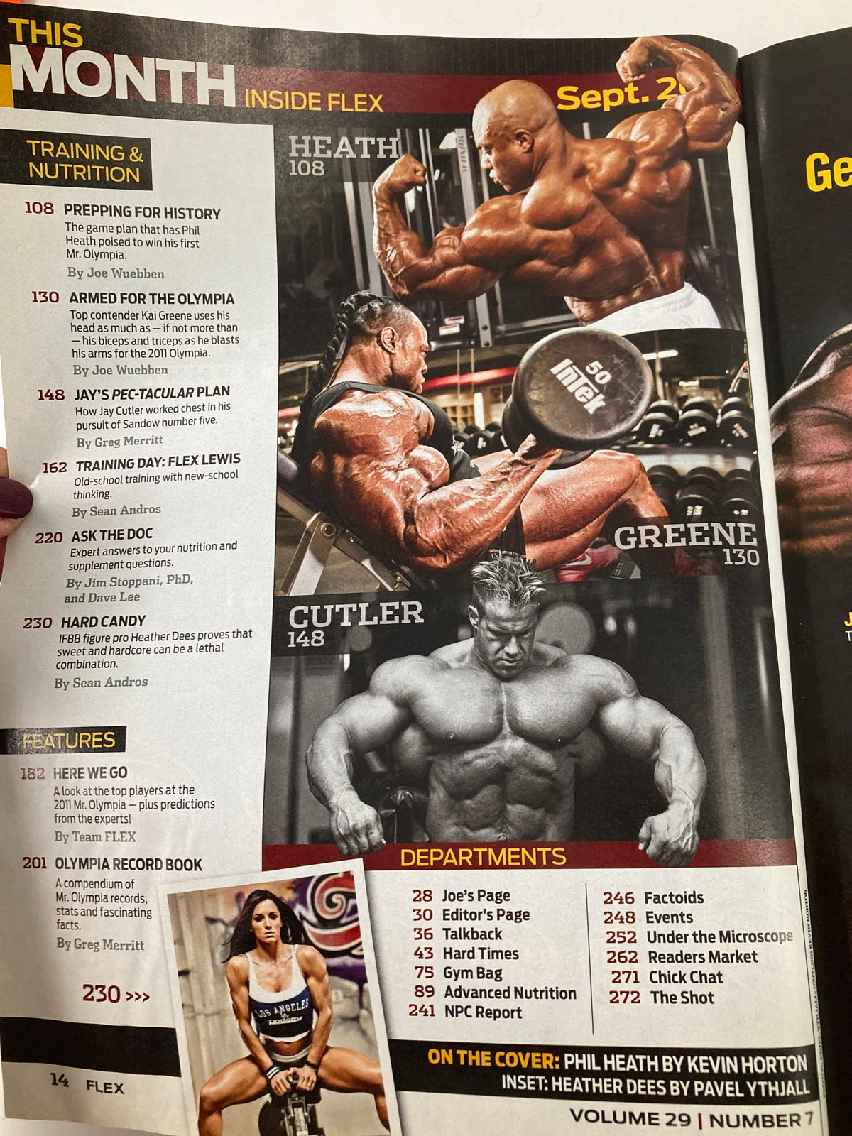 Inside Flex Magazine September 2011, Volume 29 #7 featuring articles on training, nutrition, and bodybuilding, including highlights on Phil Heath and other fitness icons.