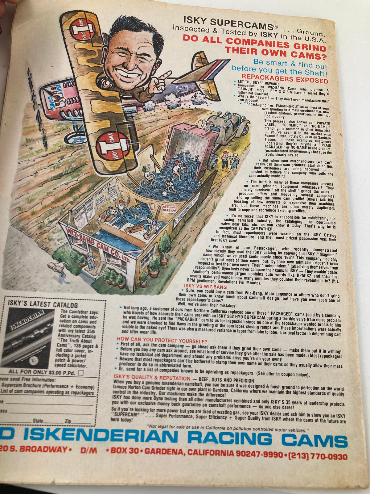 Back cover of the VTG Street Rodding Illustrated Magazine Winter 1984 Vol 14 promoting ISKY Supercams with a colorful cartoon illustration. Engaging advertisement reflective of automotive performance and technology in the 1980s.