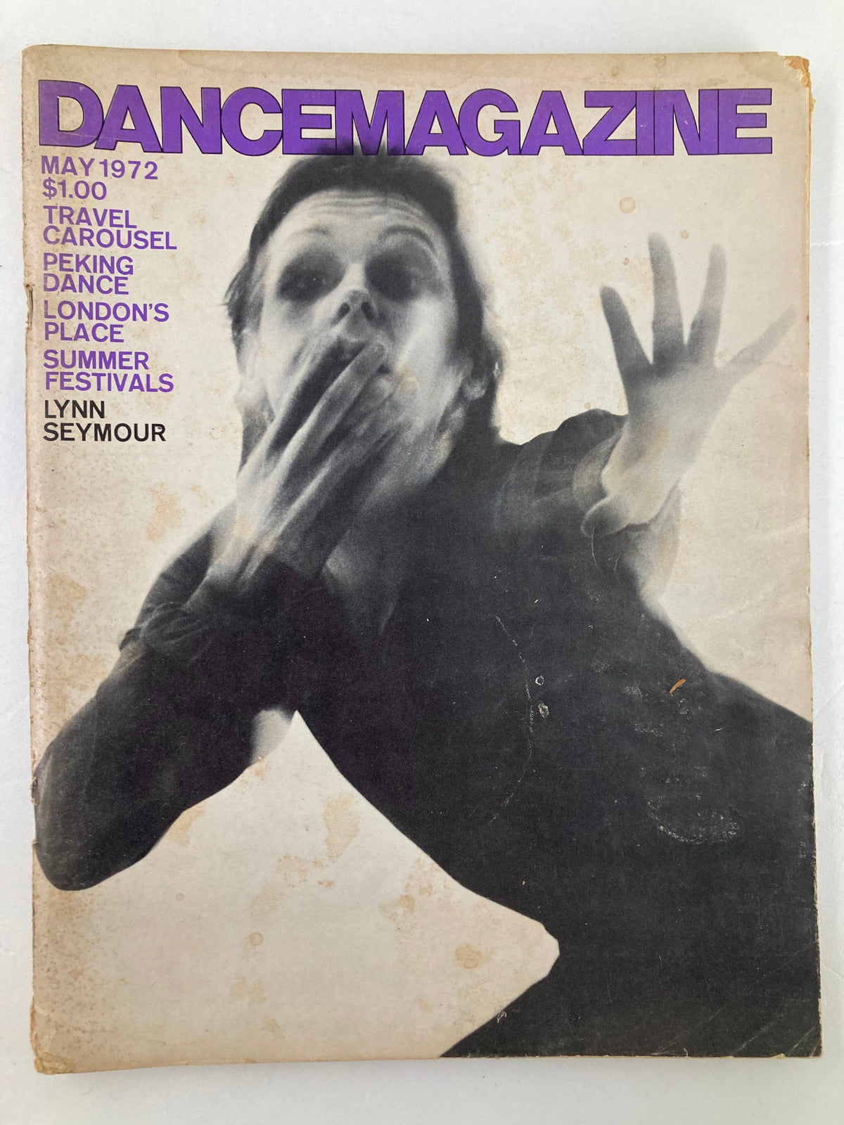 Cover of VTG Dance Magazine May 1972 featuring Lynn Seymour and London's Place Summer Festival, showcasing a dramatic dancer's pose and vibrant text.