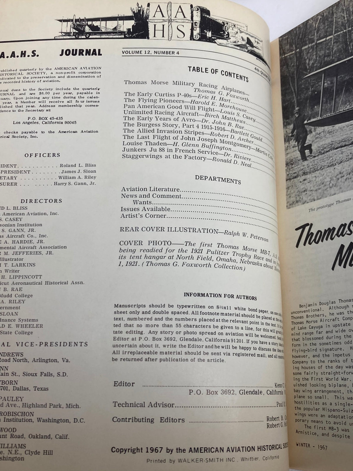 Inside page of VTG American Aviation Historical Society Journal Winter 1967 Vol 12 No. 4 displaying the table of contents and editorial information about aviation history.