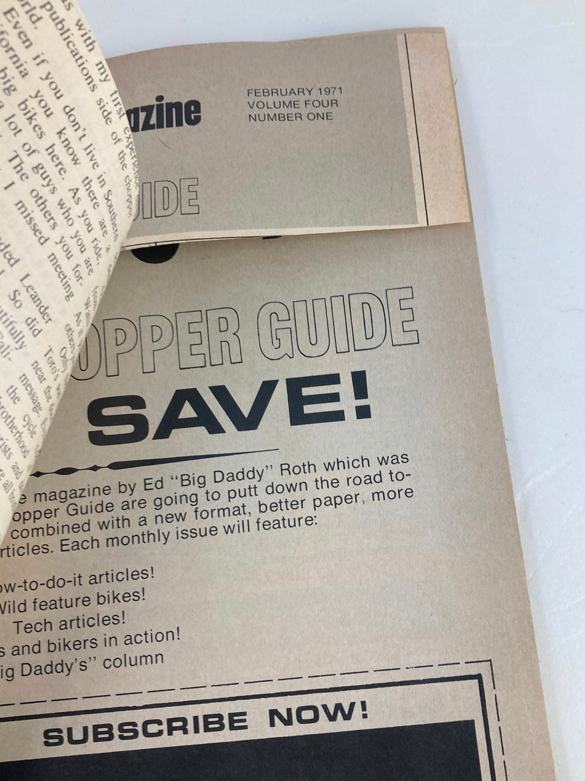 Inside cover of VTG Choppers Magazine February 1971 featuring subscription information and a message from Ed 'Big Daddy' Roth about the Chopper Guide.