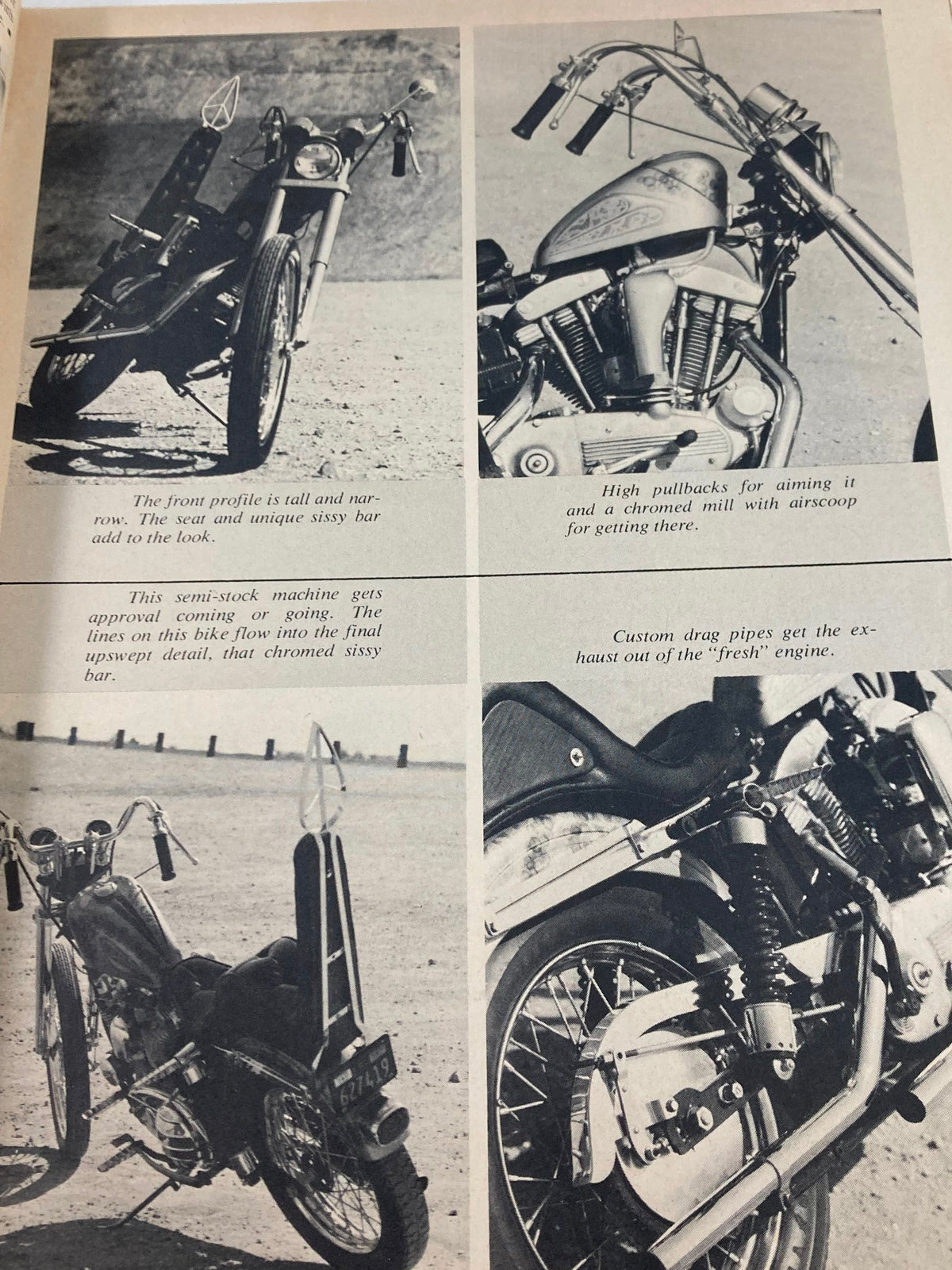 Additional black and white motorcycle photos in VTG Choppers Magazine February 1971, highlighting custom bike details and unique styles.