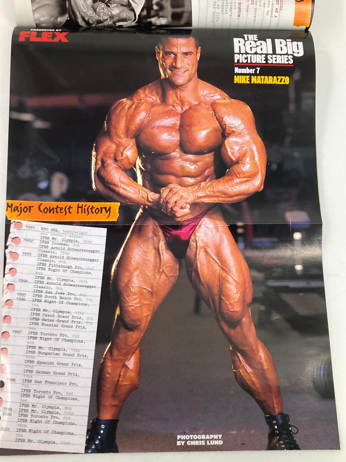 A powerful physique of bodybuilder Mike Matarazzo showcased in Flex Magazine October 2003 as part of 'The Real Big Picture Series', celebrating major contest history.