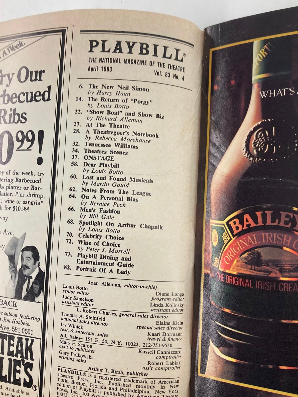 Interior page of the 1983 Playbill for 'On Your Toes', featuring a table of contents and articles about theater.