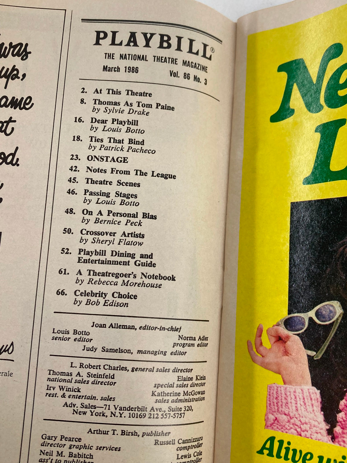 1986 Playbill for The Music Box featuring the cast list and sections including notes and articles related to the performance of Hay Fever.