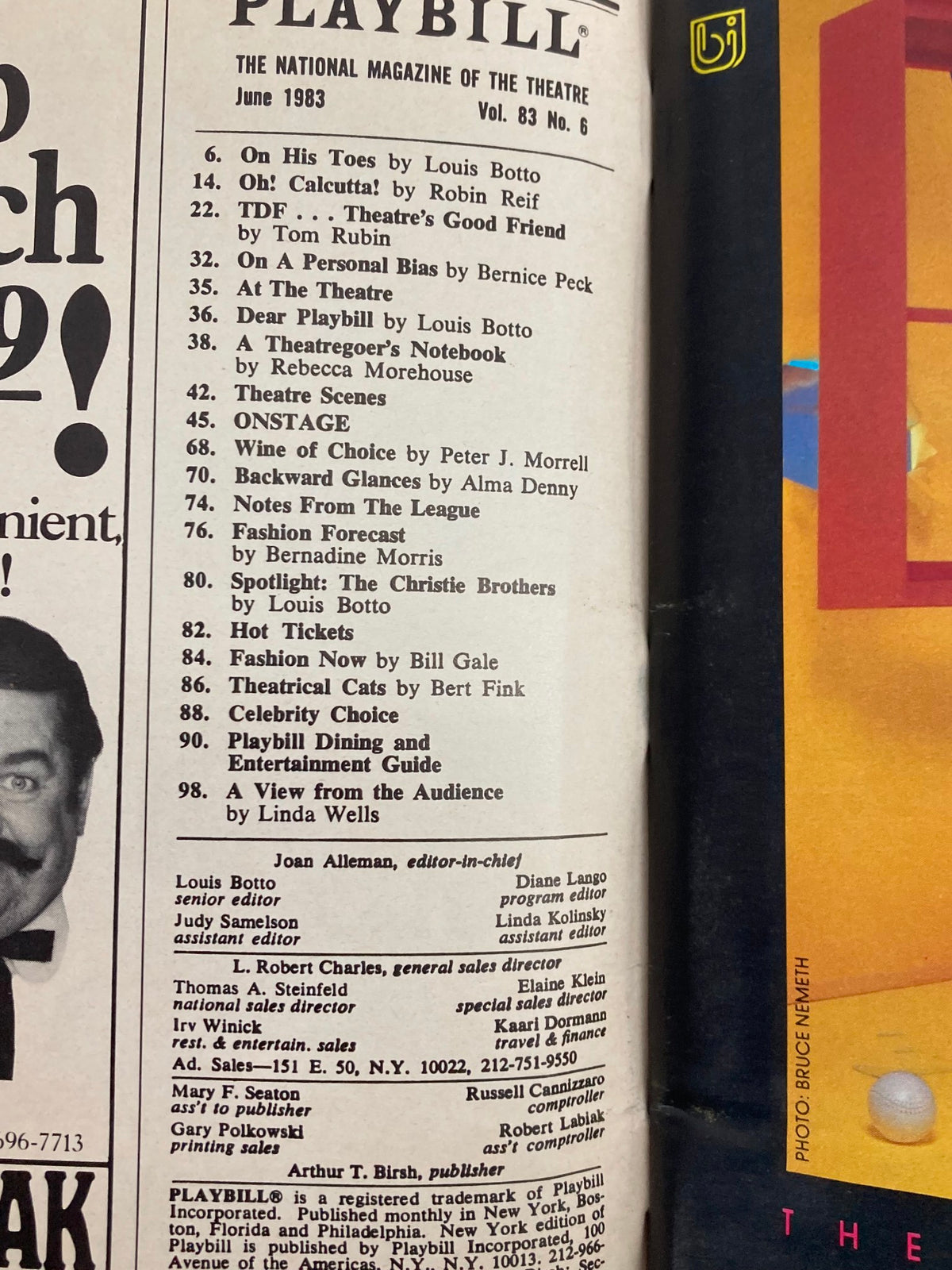 Interior page of the 1983 Playbill for '42nd Street,' displaying a contents list featuring notable Broadway contributors and productions.