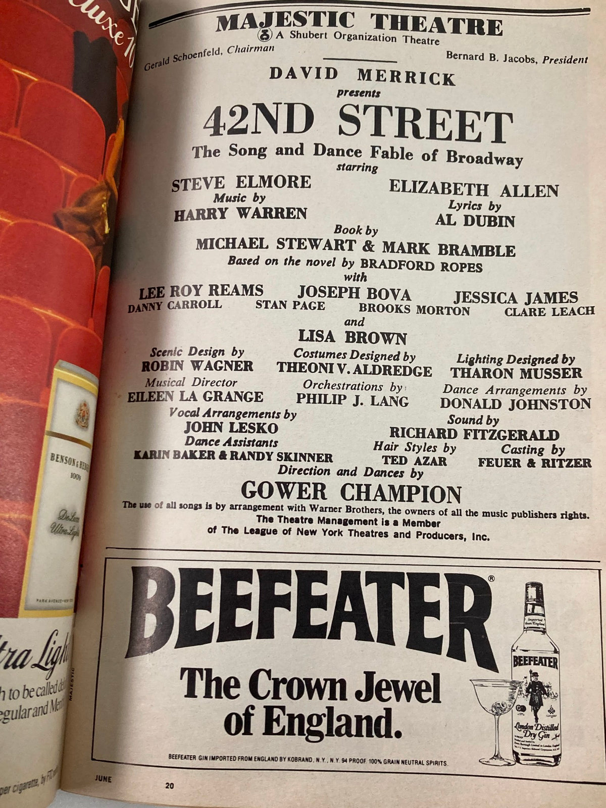 The cast page of the 1983 Playbill for '42nd Street' at Majestic Theatre, highlighting the key performers and production credits.