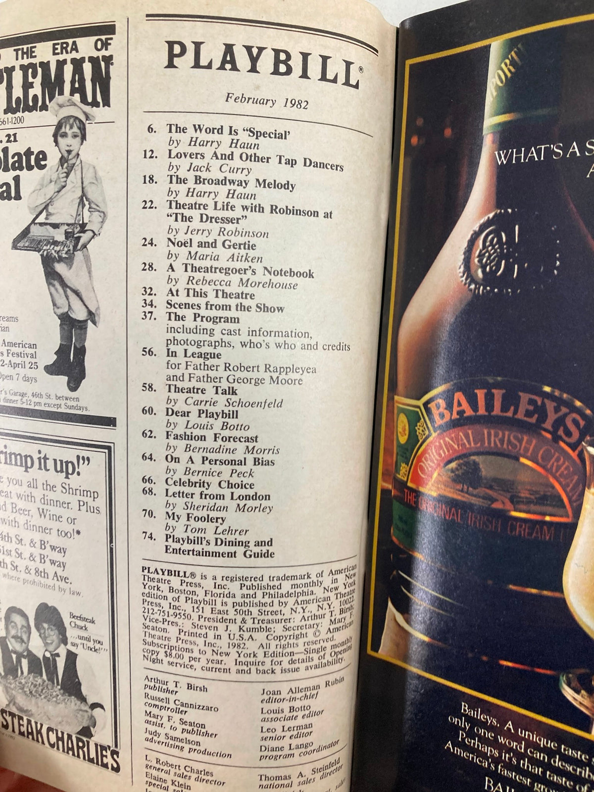 Interior page of the February 1982 Playbill for The Pirates of Penzance, displaying articles and the program details related to the production.