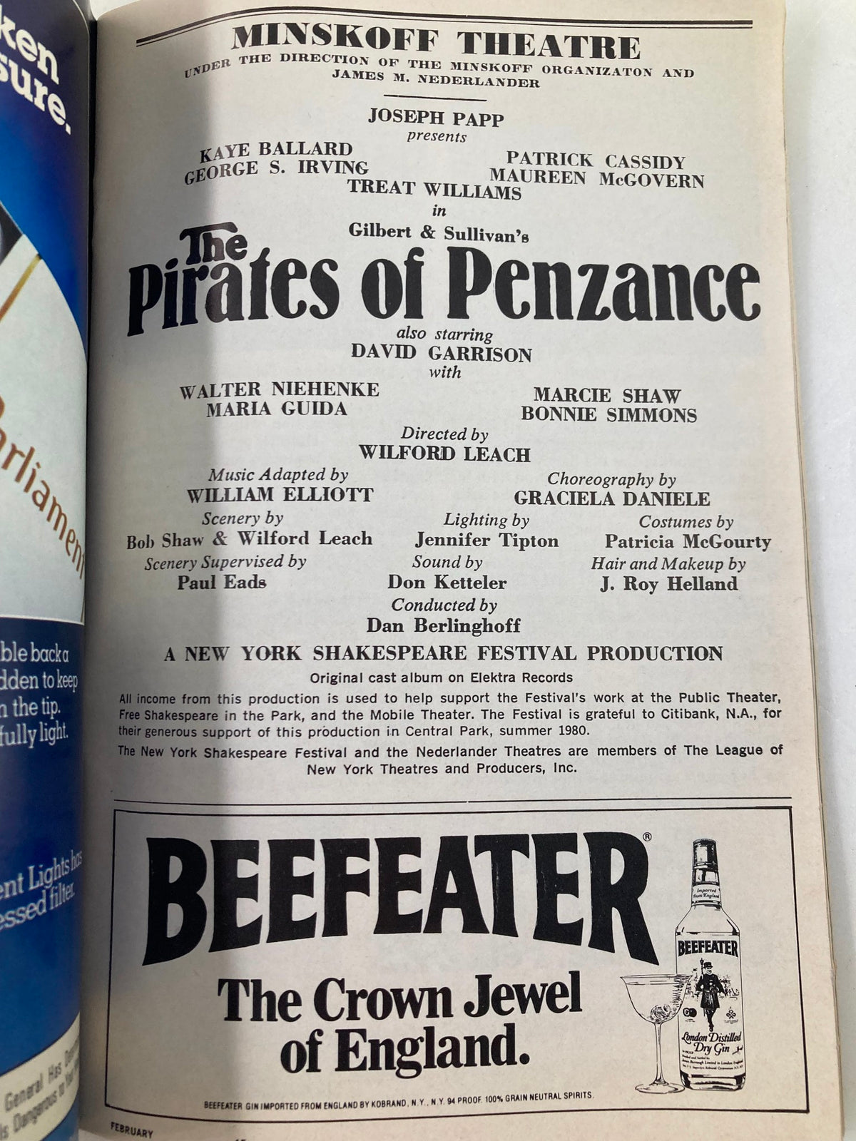 Cover page of the 1982 Playbill for The Pirates of Penzance at the Minskoff Theatre featuring Kaye Ballard, including cast details and production information.