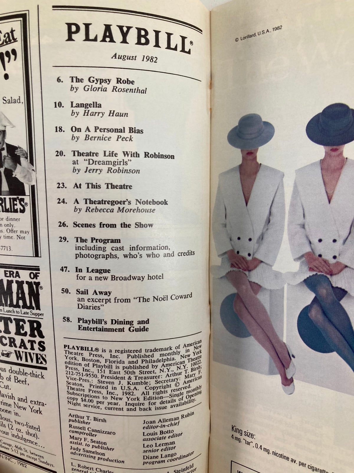 Inside view of the 1982 Playbill from the Mark Hellinger Theatre featuring performances in August, including articles and feature sections, showcasing Mickey Rooney in Sugar Babies.