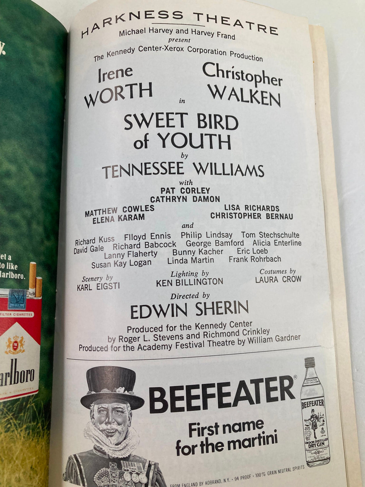 1976 Playbill Harkness Theatre with details of cast and production credits for 'Sweet Bird of Youth' starring Irene Worth.