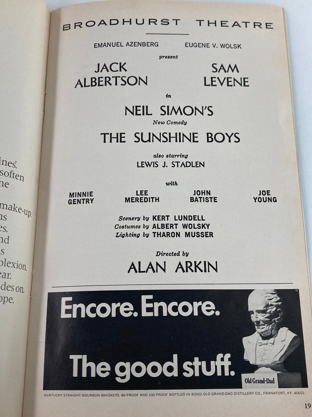 1973 Playbill for The Sunshine Boys featuring Jack Albertson, Sam Levene, and details of the production at the Broadhurst Theatre.