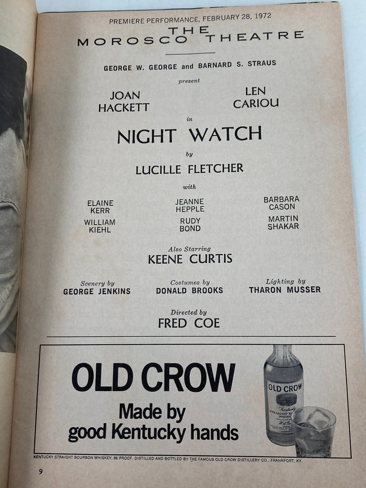 Another inside page of the 1972 Playbill for Night Watch, highlighting Joan Hackett and Len Cariou's names and production details.