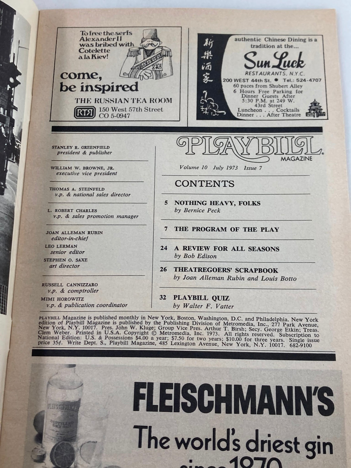 1973 Playbill from Minskoff Theatre's musical Irene, displaying the contents page with performance details and advertisements.