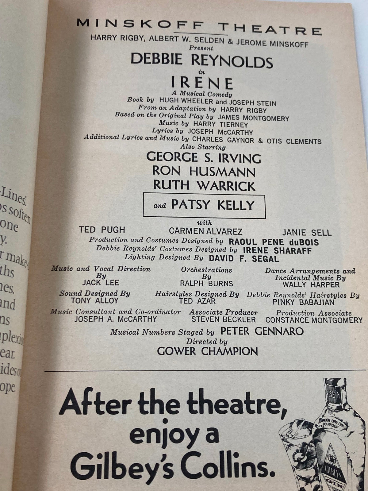 1973 Playbill from Minskoff Theatre listing cast and production details for Irene, featuring Debbie Reynolds and Patsy Kelly.