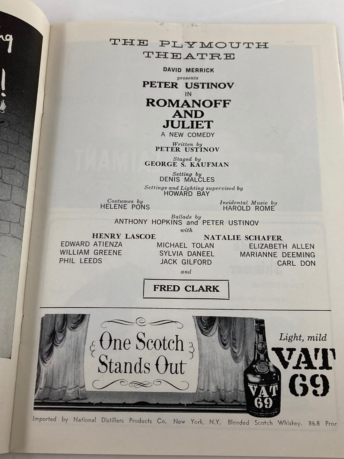 Page from the 1958 Playbill for The Plymouth Theatre showcasing Peter Ustinov in 'Romanoff and Juliet,' detailing cast and crew credits.
