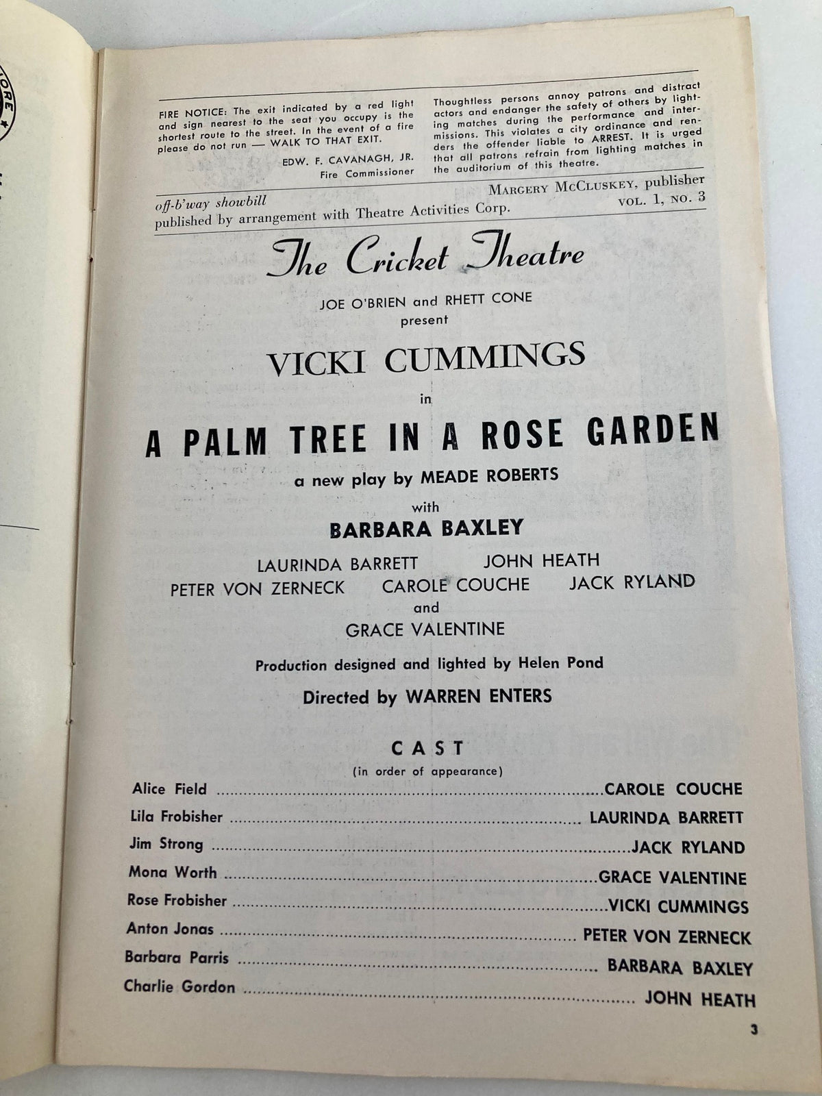 1958 Showbill for The Cricket Theatre featuring Vicki Cummings in A Palm Tree in Rose Garden, showcasing cast details and production credits.