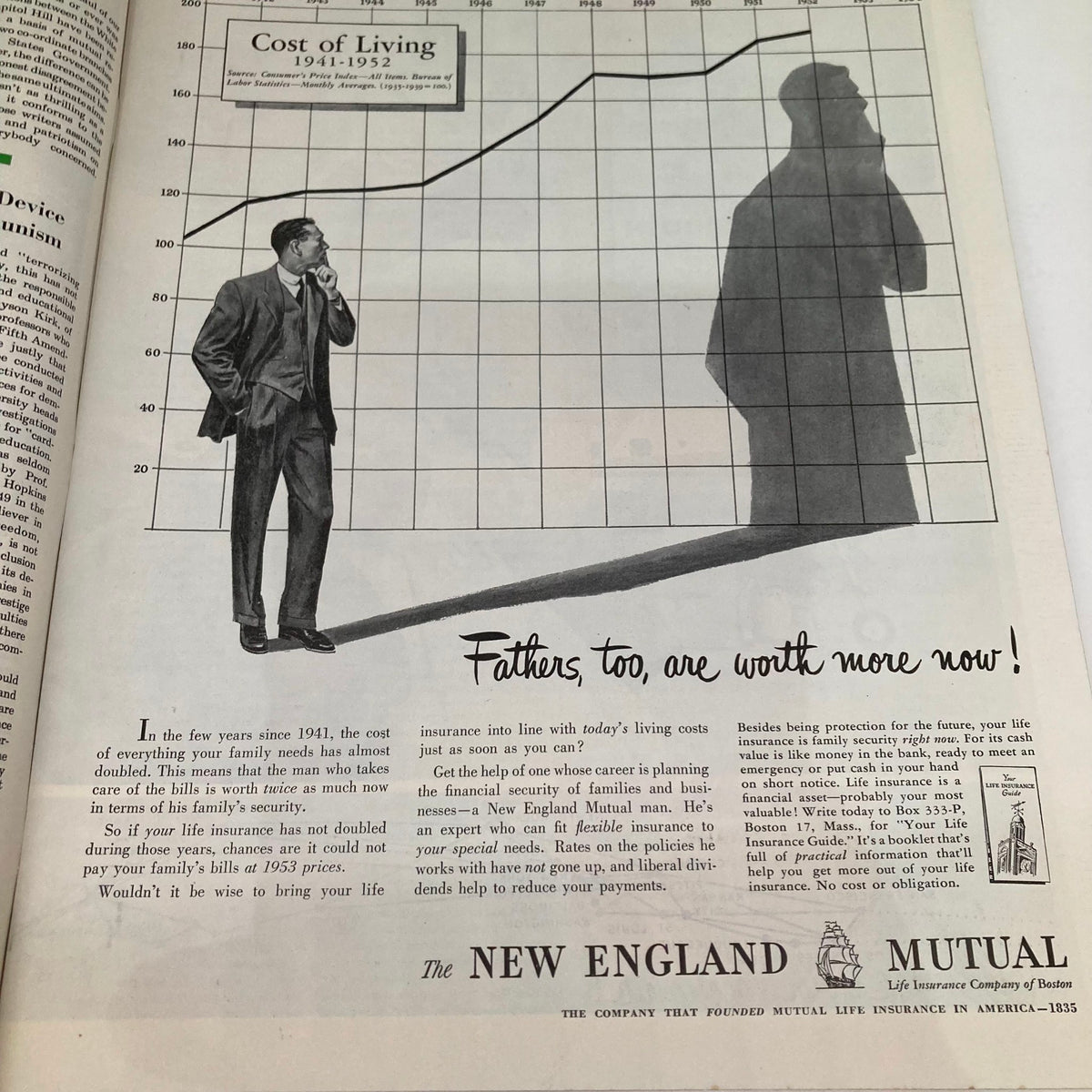 Advertisement page from Saturday Evening Post Magazine April 18 1953, highlighting life insurance with a visual of a man contemplating the cost of living.