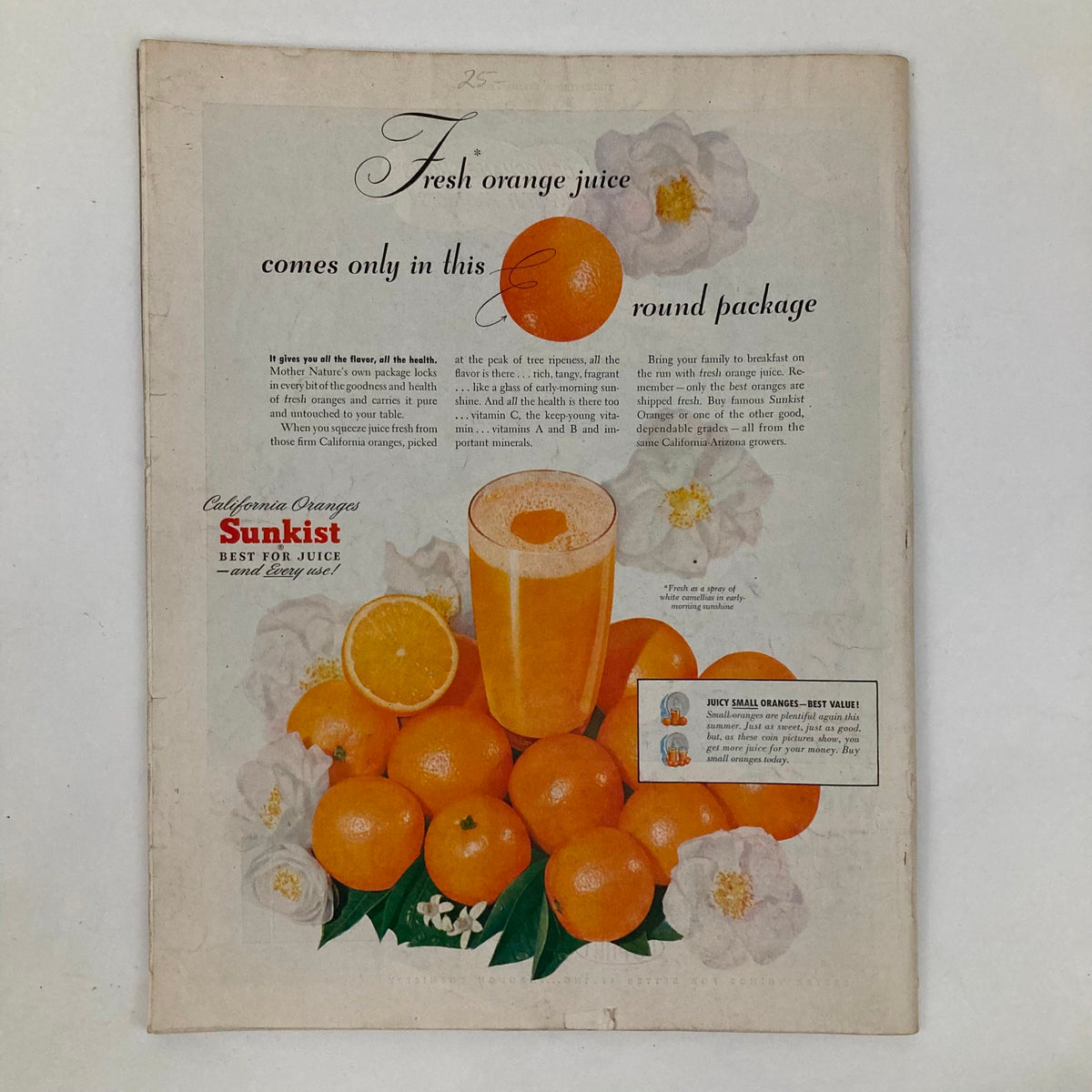Sunkist orange juice advertisement from Saturday Evening Post Magazine August 6 1949, featuring a fresh orange juice glass with ripe California oranges, promoting the quality and freshness of Sunkist juice.