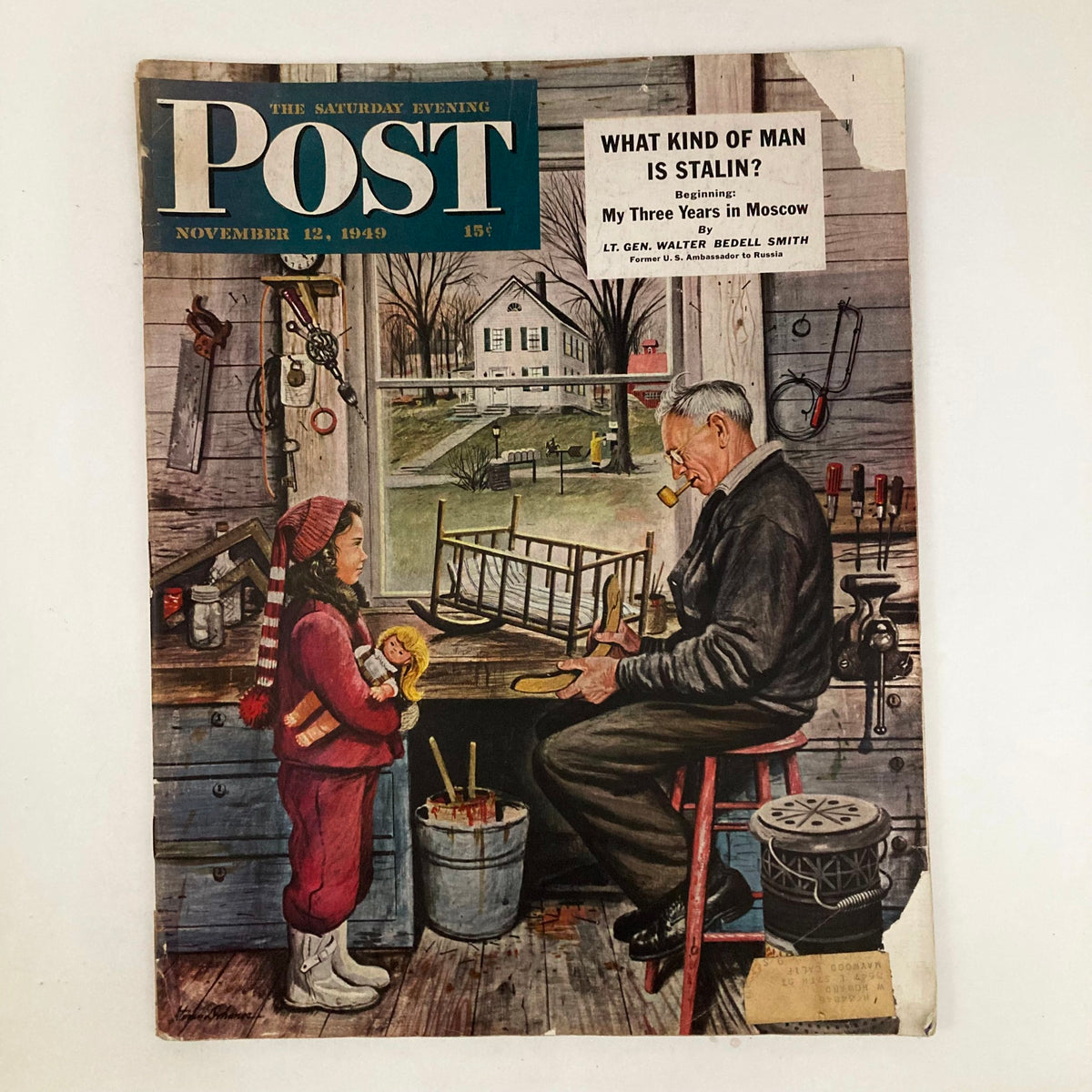 Cover of Saturday Evening Post Magazine from November 12, 1949, titled 'Mr. Fix-It,' featuring a charming illustration by J. C. Leyendecker, depicting a girl with a doll interacting with an elderly man in a workshop.
