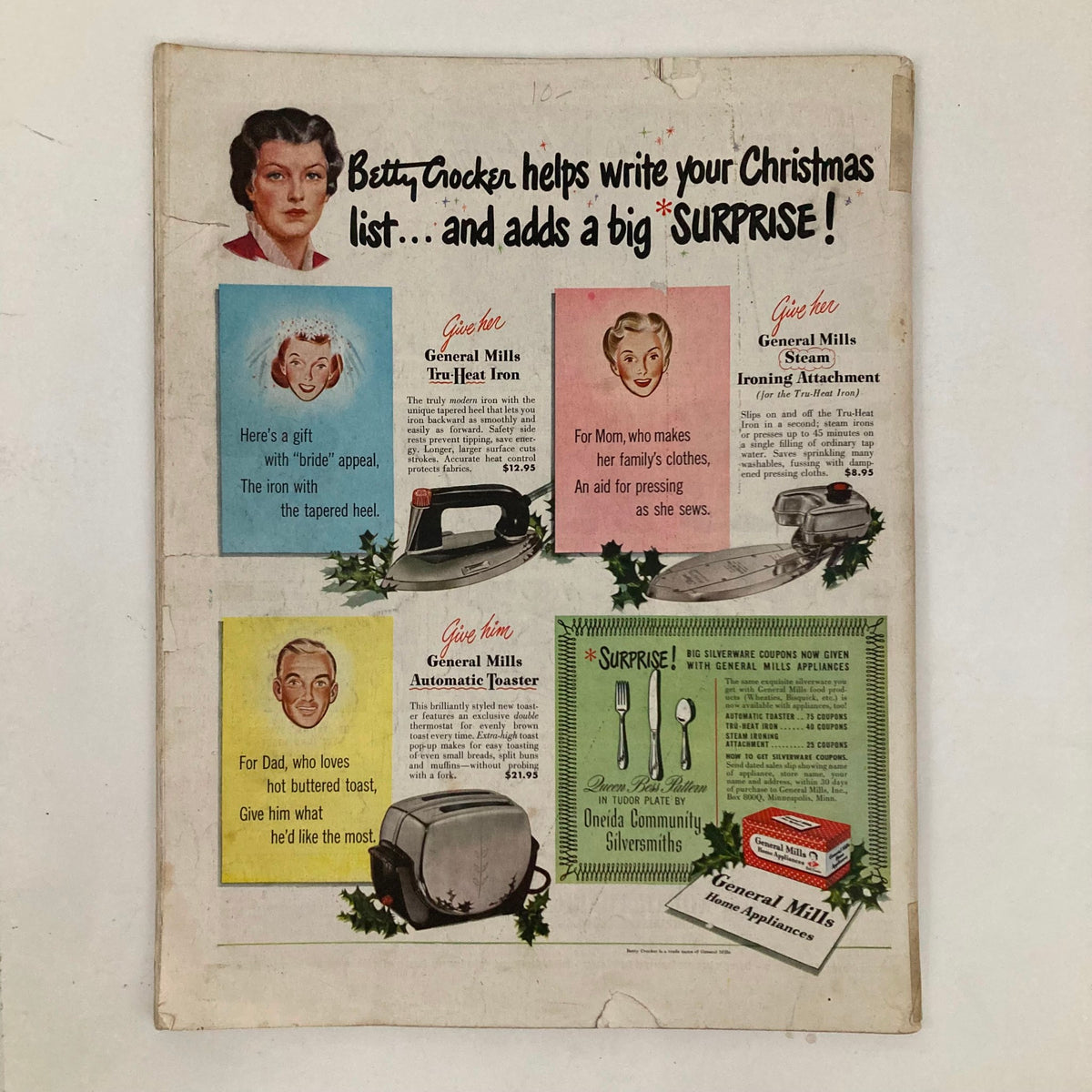 Interior page of the Saturday Evening Post Magazine from November 12, 1949, displaying vintage advertisements for General Mills appliances. The page highlights various household gifts for Christmas, along with a prominent image of Betty Crocker.
